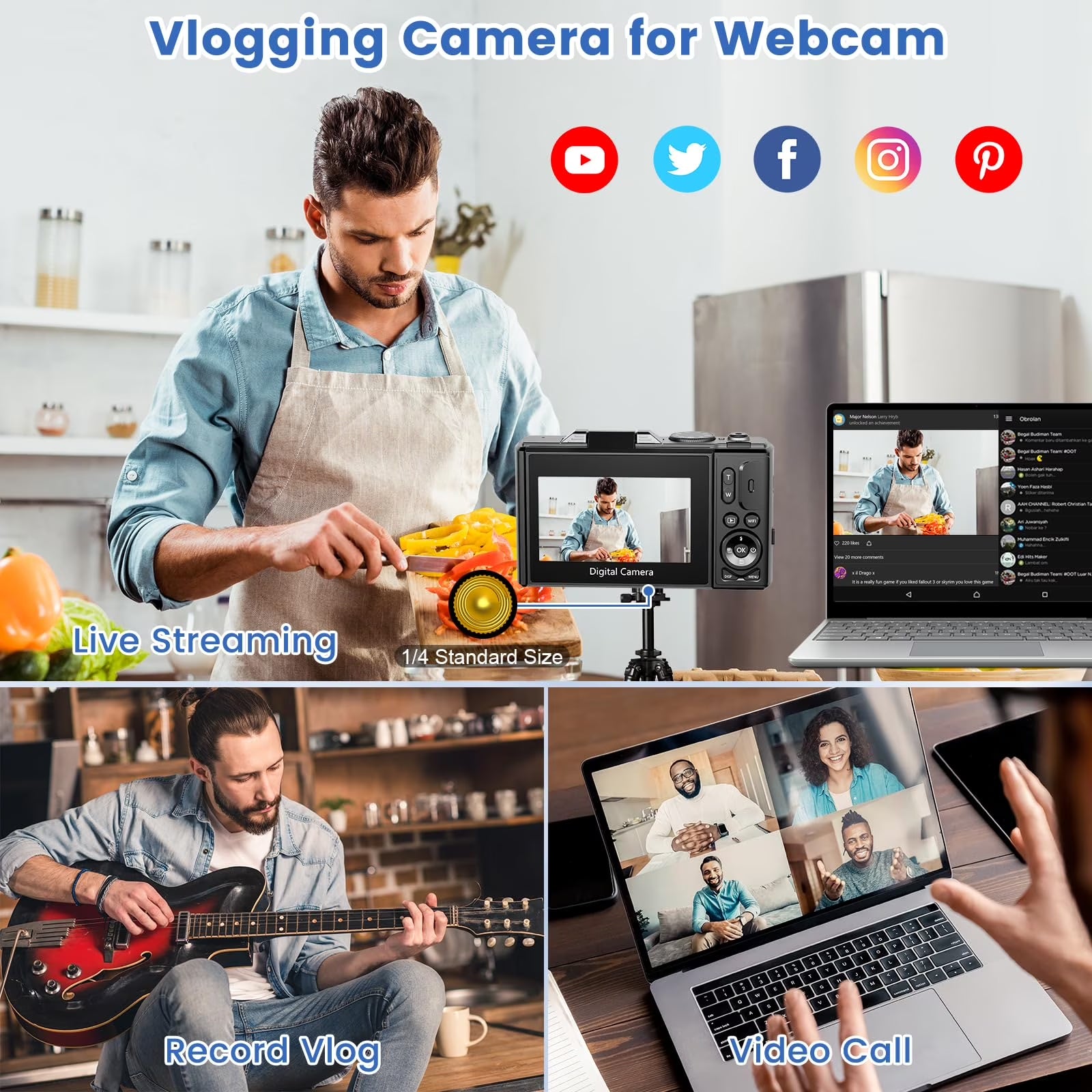 Digital Camera 4K 64MP Vlogging Camera for Youtube 3''180°Flip Screen 18X Zoom Autofocus 32GB SD Card Video Cameras for Beginners