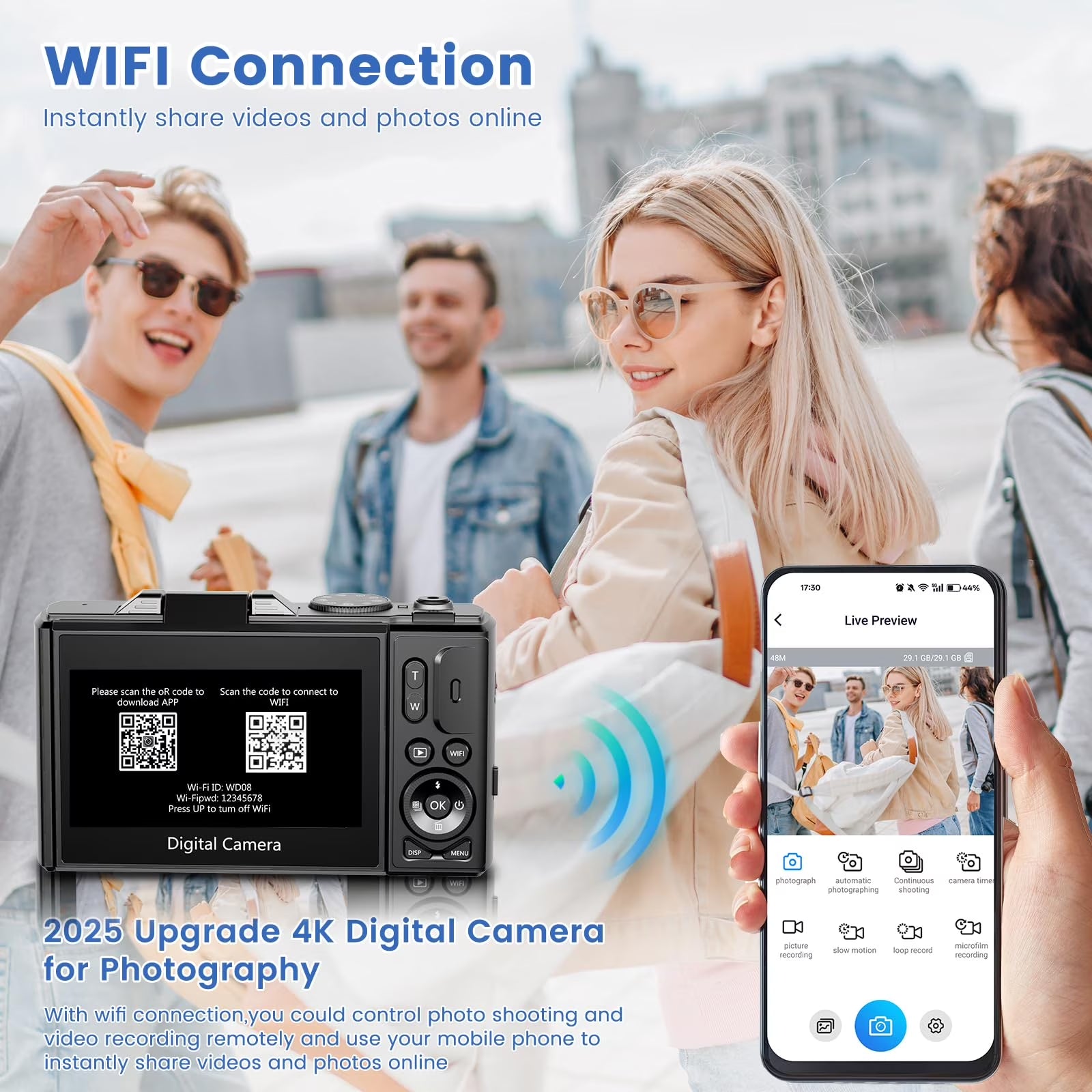 Digital Camera 4K 64MP Vlogging Camera for Youtube 3''180°Flip Screen 18X Zoom Autofocus 32GB SD Card Video Cameras for Beginners